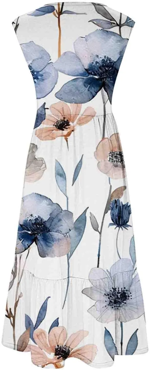 Women's Elegant Casual Tank Long Dress Crew Neck Sleeveless Floral Ruffle Dresses Loose Tiered Pleated Maxi Dress