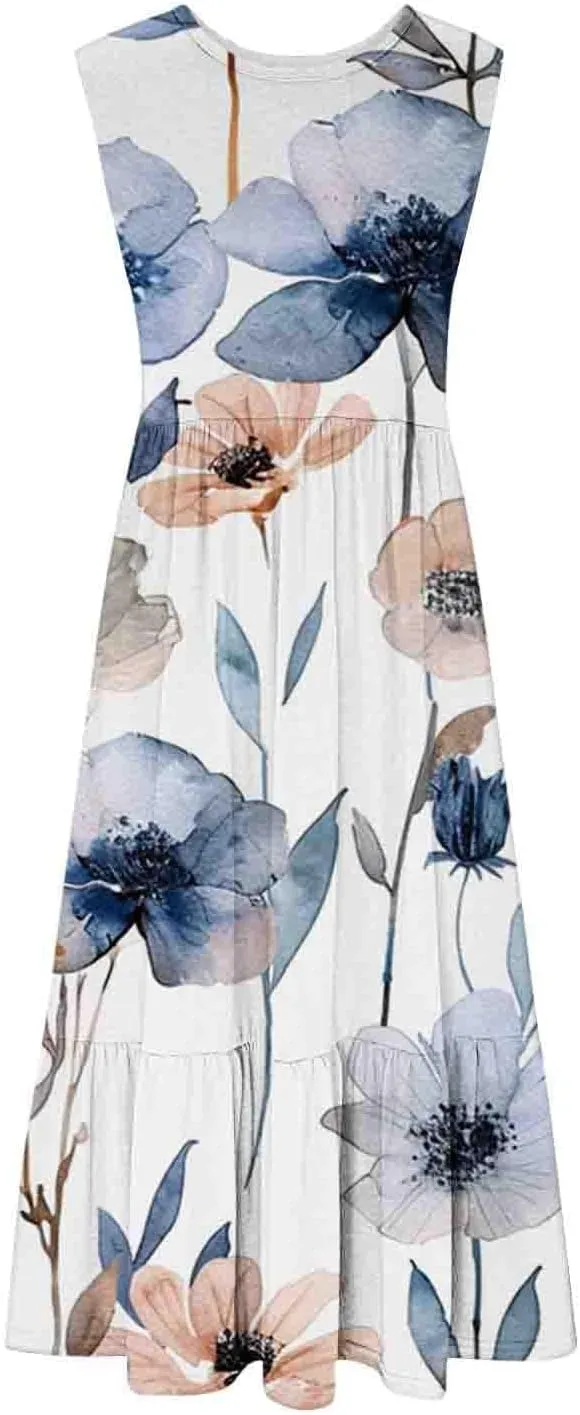 Women's Elegant Casual Tank Long Dress Crew Neck Sleeveless Floral Ruffle Dresses Loose Tiered Pleated Maxi Dress