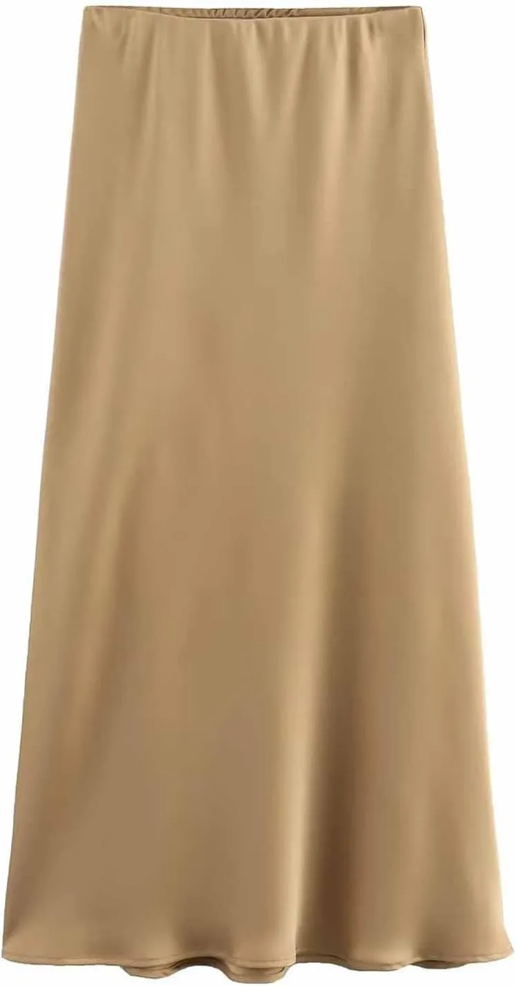 Women's Elegant High Waist Satin A Line Flared Midi Skirt Silk Cocktail Party Wedding Elegant Elastic Long Skirts