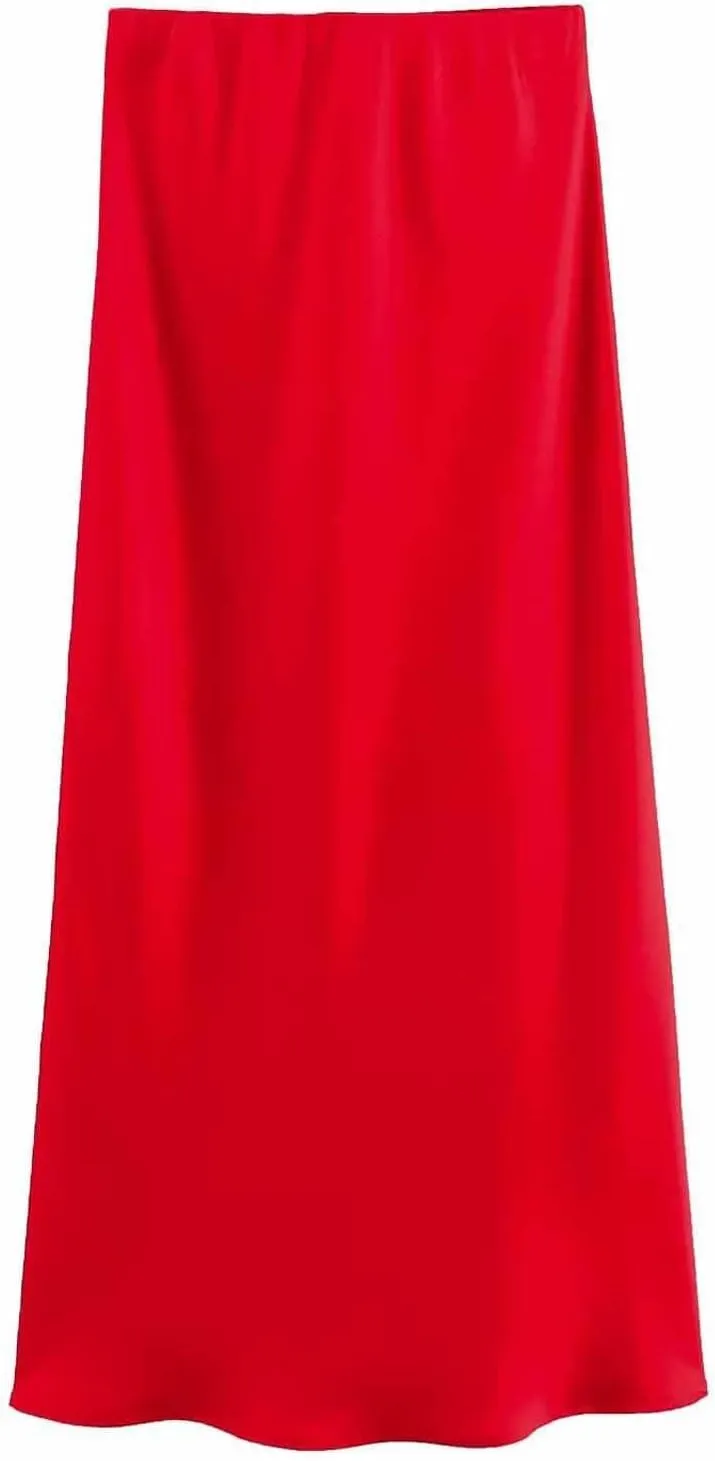 Women's Elegant High Waist Satin A Line Flared Midi Skirt Silk Cocktail Party Wedding Elegant Elastic Long Skirts