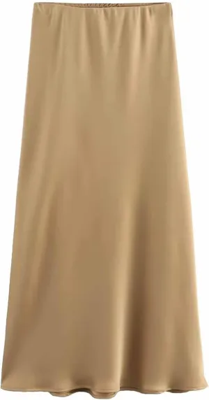 Women's Elegant High Waist Satin A Line Flared Midi Skirt Silk Cocktail Party Wedding Elegant Elastic Long Skirts