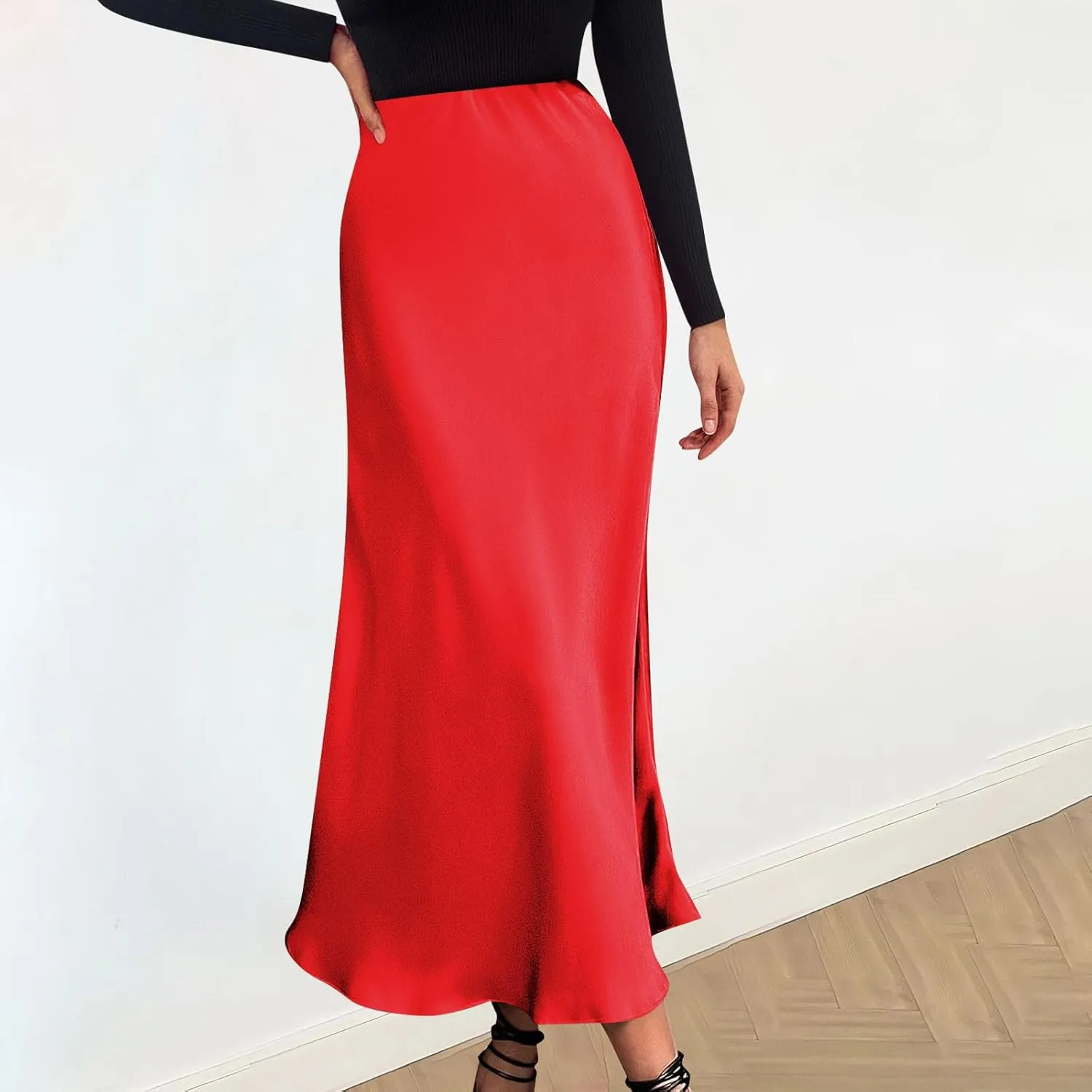 Women's Elegant High Waist Satin A Line Flared Midi Skirt Silk Cocktail Party Wedding Elegant Elastic Long Skirts