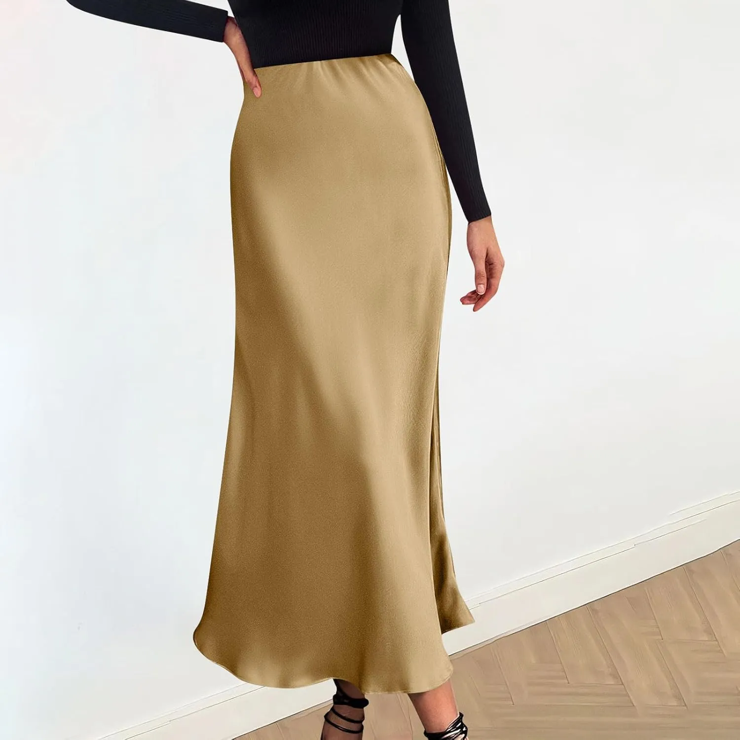 Women's Elegant High Waist Satin A Line Flared Midi Skirt Silk Cocktail Party Wedding Elegant Elastic Long Skirts