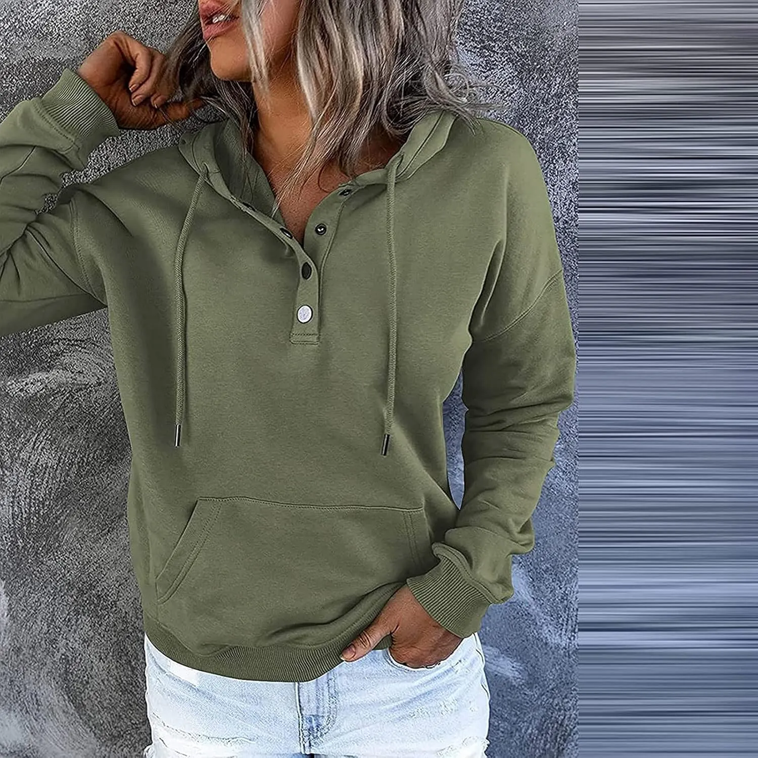 Women's Fashion Casual Hoodies Color Block Long Sleeve Drawstring Button Down Pullover Fall Sweatshirt Tops With Pocket