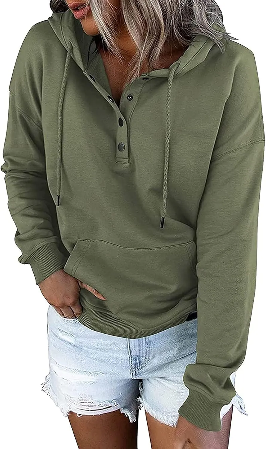 Women's Fashion Casual Hoodies Color Block Long Sleeve Drawstring Button Down Pullover Fall Sweatshirt Tops With Pocket