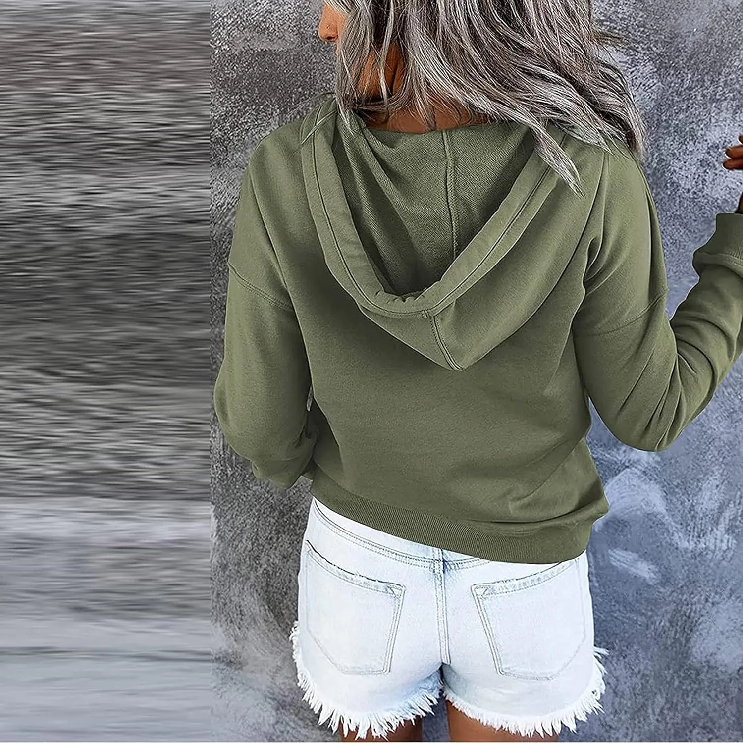 Women's Fashion Casual Hoodies Color Block Long Sleeve Drawstring Button Down Pullover Fall Sweatshirt Tops With Pocket