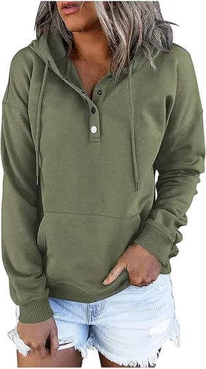 Women's Fashion Casual Hoodies Color Block Long Sleeve Drawstring Button Down Pullover Fall Sweatshirt Tops With Pocket