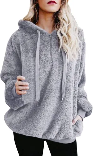 Womens Fuzzy Hoodies Oversized Sweatshirts Casual Warm Athletic Cozy Hooded Sherpa Lined Fleece Pullover with Pockets