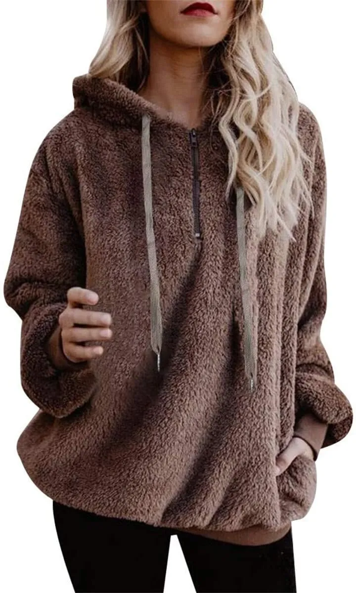 Womens Fuzzy Hoodies Oversized Sweatshirts Casual Warm Athletic Cozy Hooded Sherpa Lined Fleece Pullover with Pockets