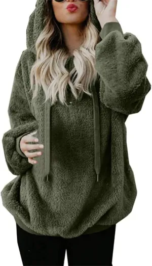 Womens Fuzzy Hoodies Oversized Sweatshirts Casual Warm Athletic Cozy Hooded Sherpa Lined Fleece Pullover with Pockets