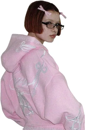 Women's Girl's Hoodie Bow Tie Embroidery Oversized Graphic Y2k Spring Trendy Pink Hoodies