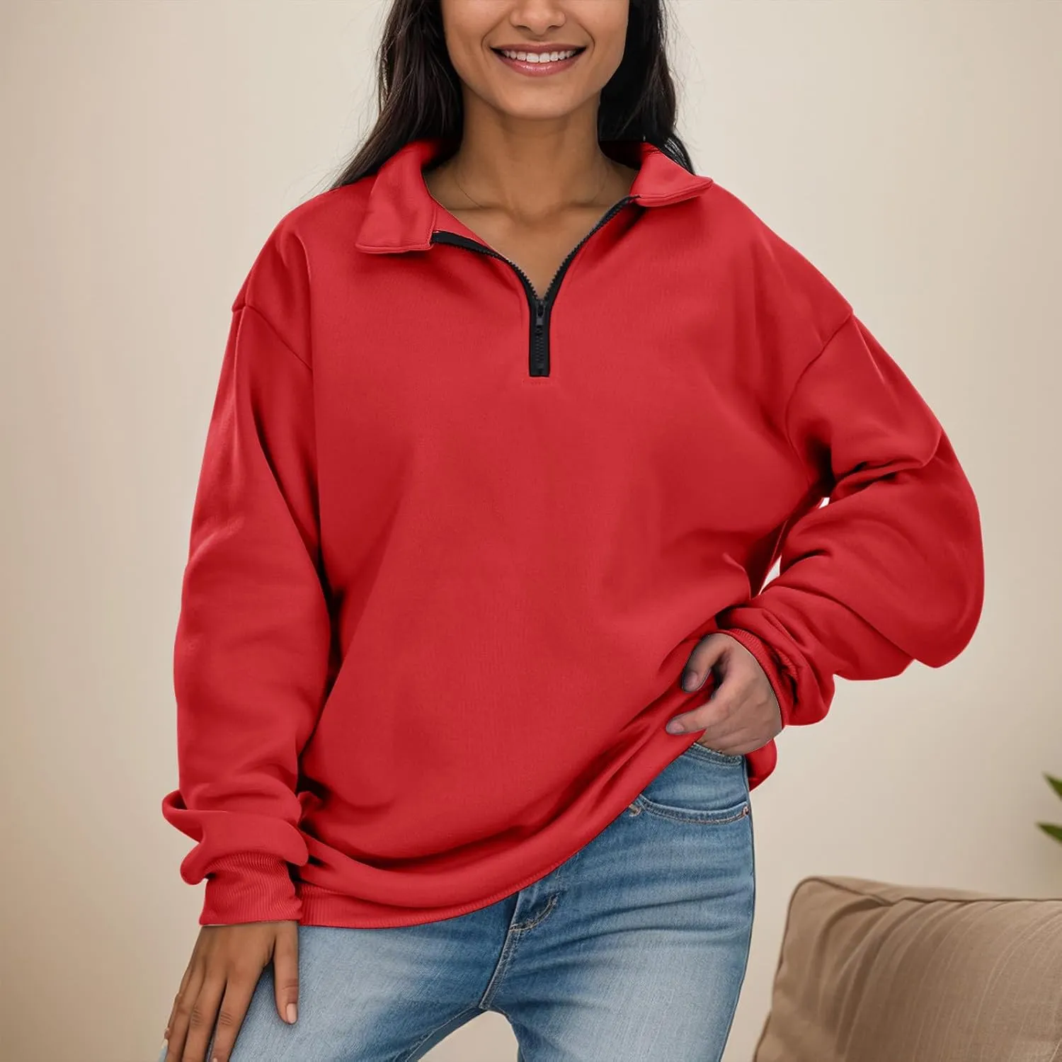 Womens Half Zip Sweatshirts Oversized Plain Trendy Long Sleeve Quarter Zip Pullover Hoodies 2024 Fall Outfits