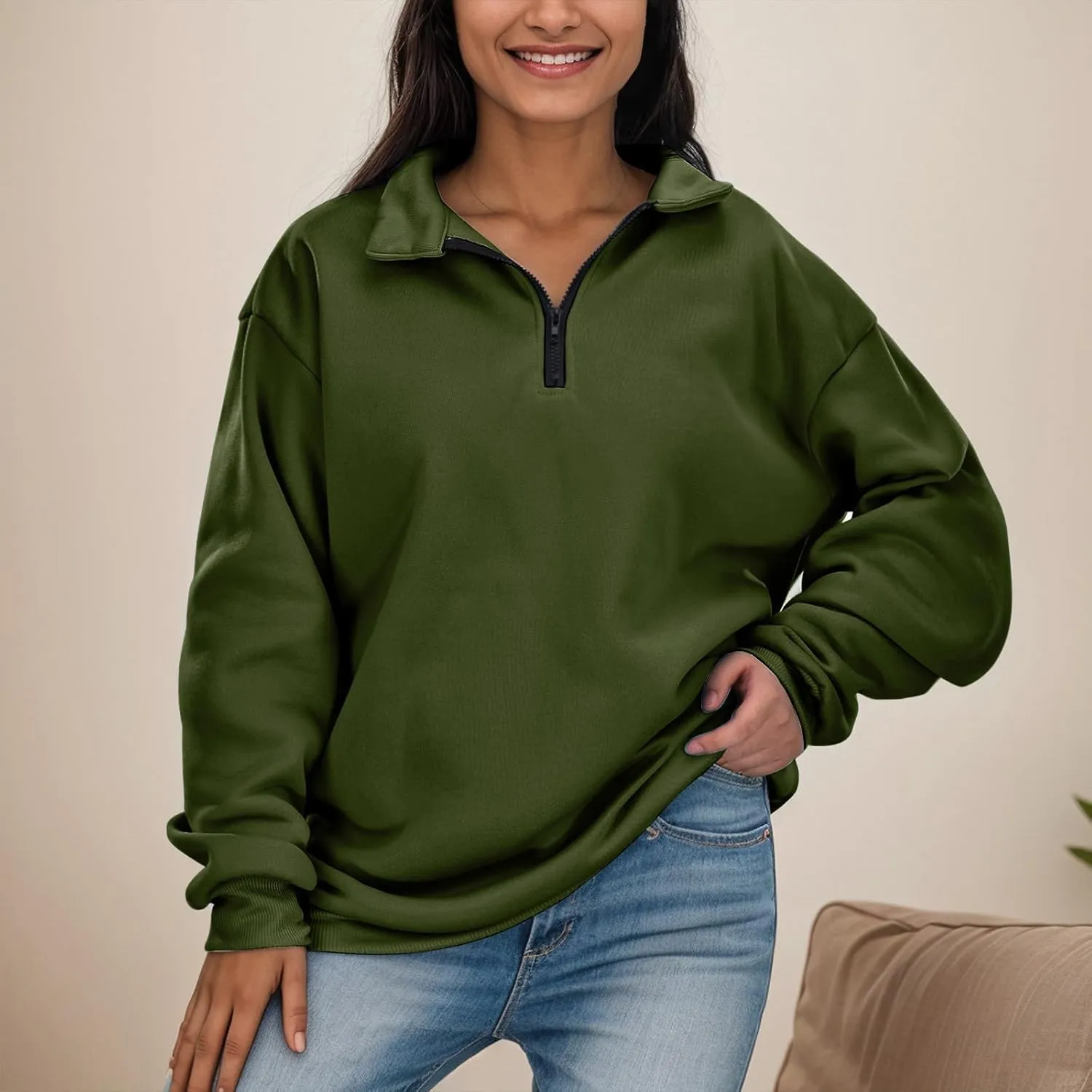Womens Half Zip Sweatshirts Oversized Plain Trendy Long Sleeve Quarter Zip Pullover Hoodies 2024 Fall Outfits