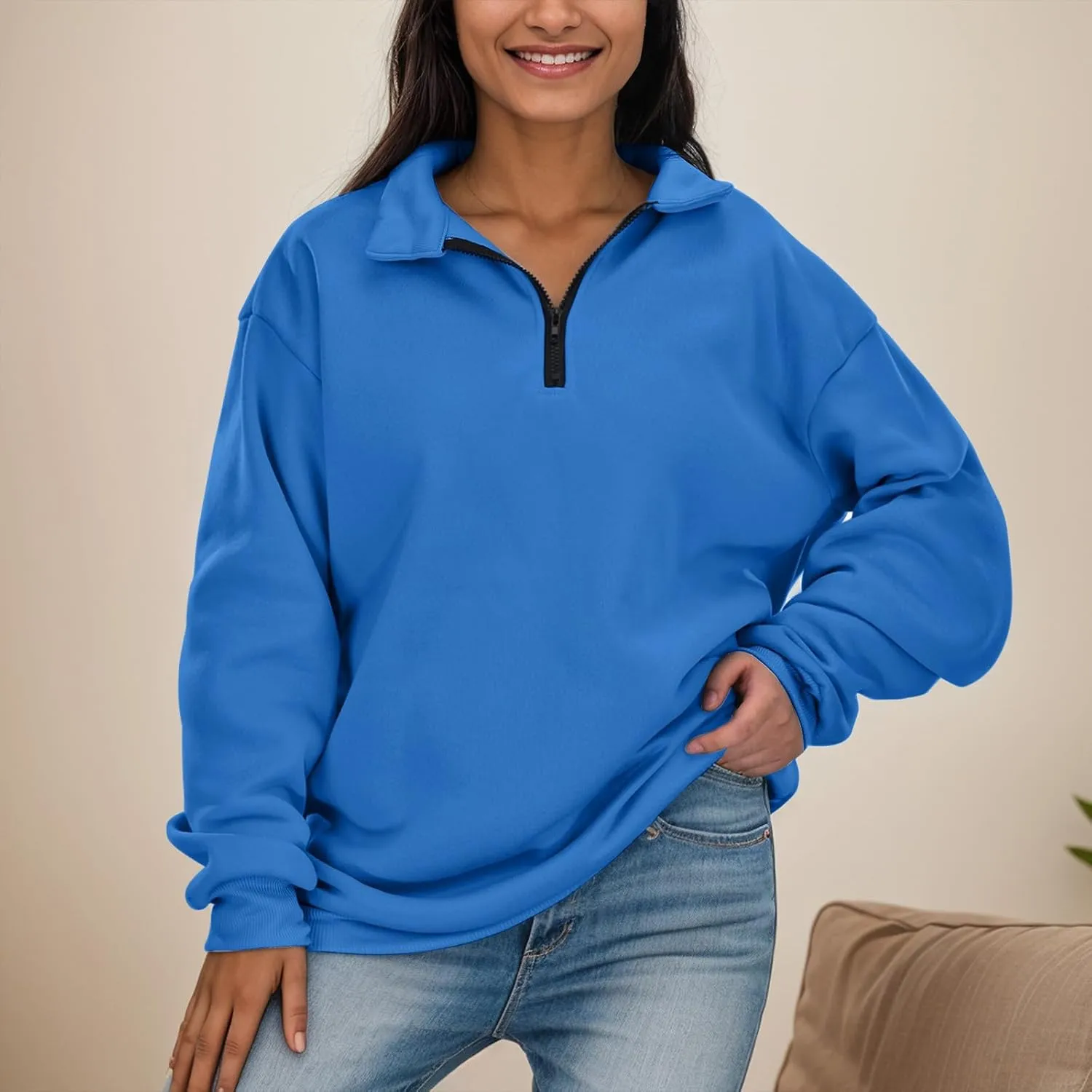 Womens Half Zip Sweatshirts Oversized Plain Trendy Long Sleeve Quarter Zip Pullover Hoodies 2024 Fall Outfits