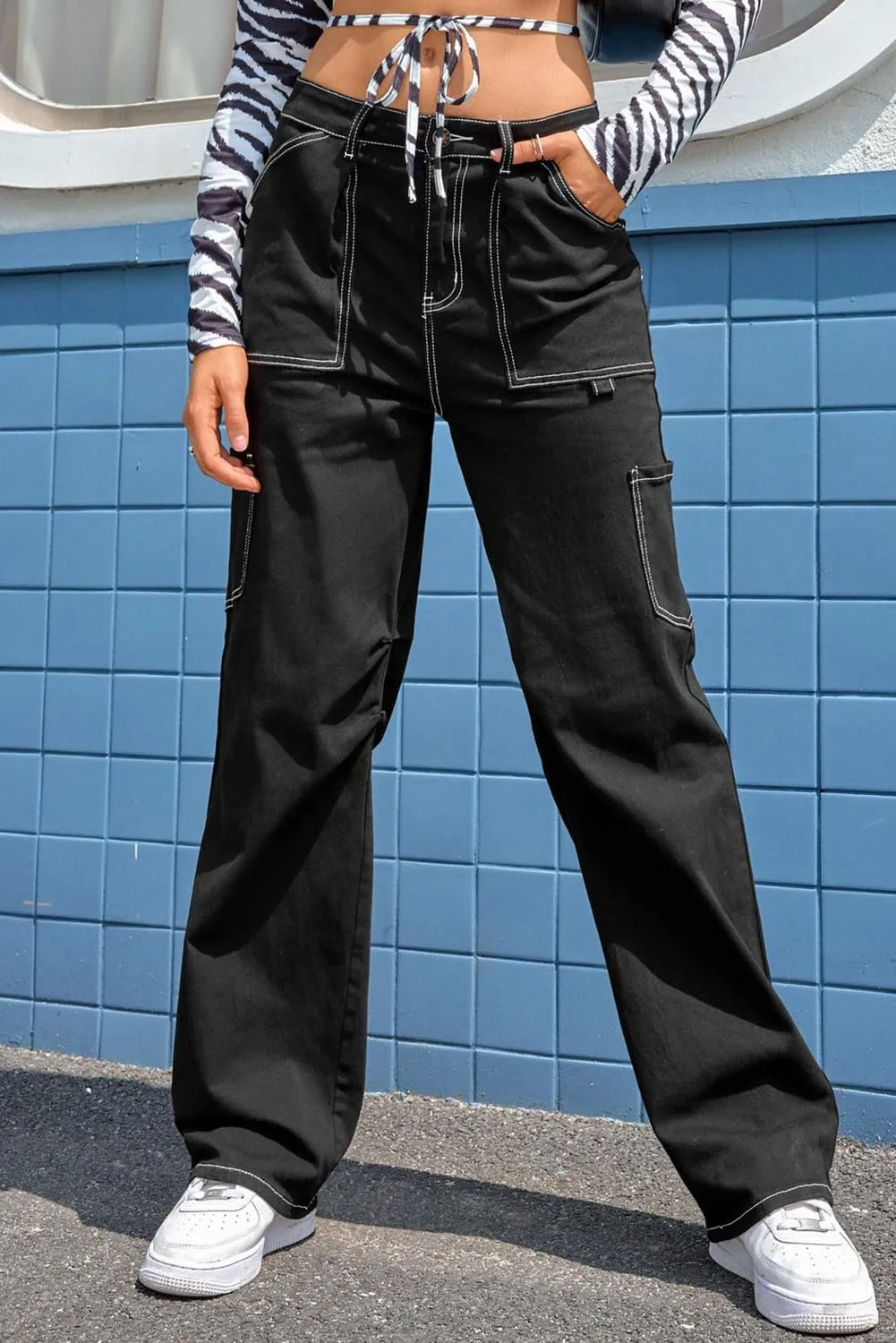 Women's High Waist Baggy Cargo Jeans Flap Pocket Relaxed Fit Straight Wide Leg Y2K Fashion Cargo Pants Boyfriend Jeans