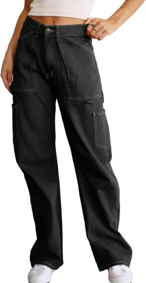 Women's High Waist Baggy Cargo Jeans Flap Pocket Relaxed Fit Straight Wide Leg Y2K Fashion Cargo Pants Boyfriend Jeans
