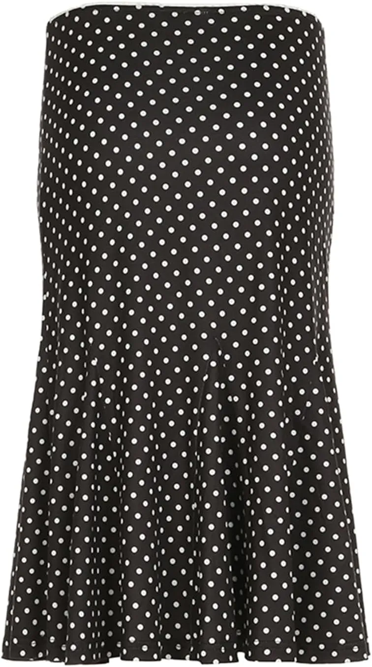 Womens High Waist Polka Dot Pleated Midi Swing Skirt with Slightly Fishtail Office Elegant Pencil Bodycon Skirt