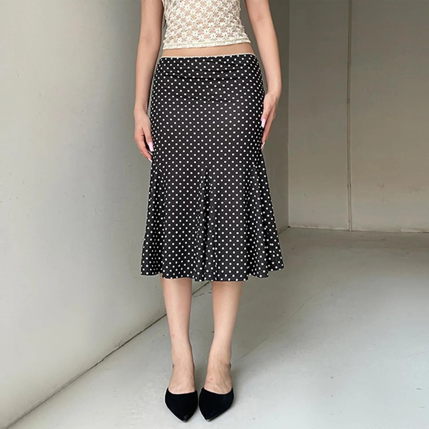 Womens High Waist Polka Dot Pleated Midi Swing Skirt with Slightly Fishtail Office Elegant Pencil Bodycon Skirt