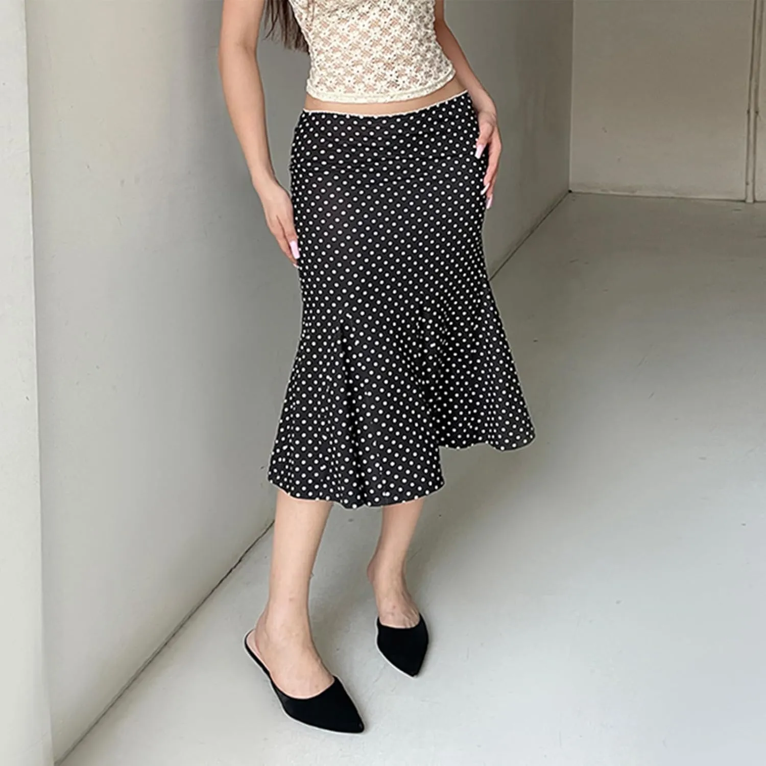 Womens High Waist Polka Dot Pleated Midi Swing Skirt with Slightly Fishtail Office Elegant Pencil Bodycon Skirt