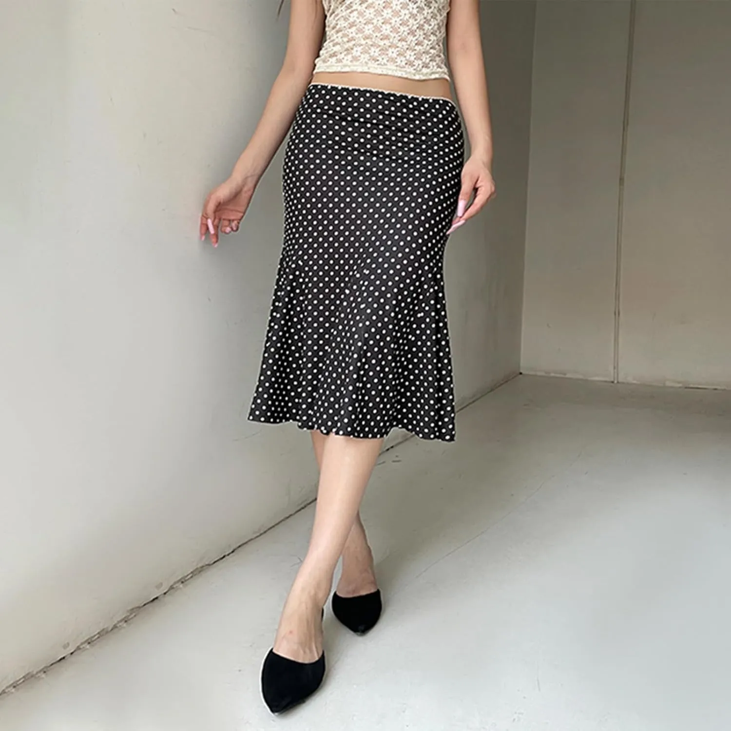 Womens High Waist Polka Dot Pleated Midi Swing Skirt with Slightly Fishtail Office Elegant Pencil Bodycon Skirt