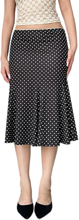 Womens High Waist Polka Dot Pleated Midi Swing Skirt with Slightly Fishtail Office Elegant Pencil Bodycon Skirt