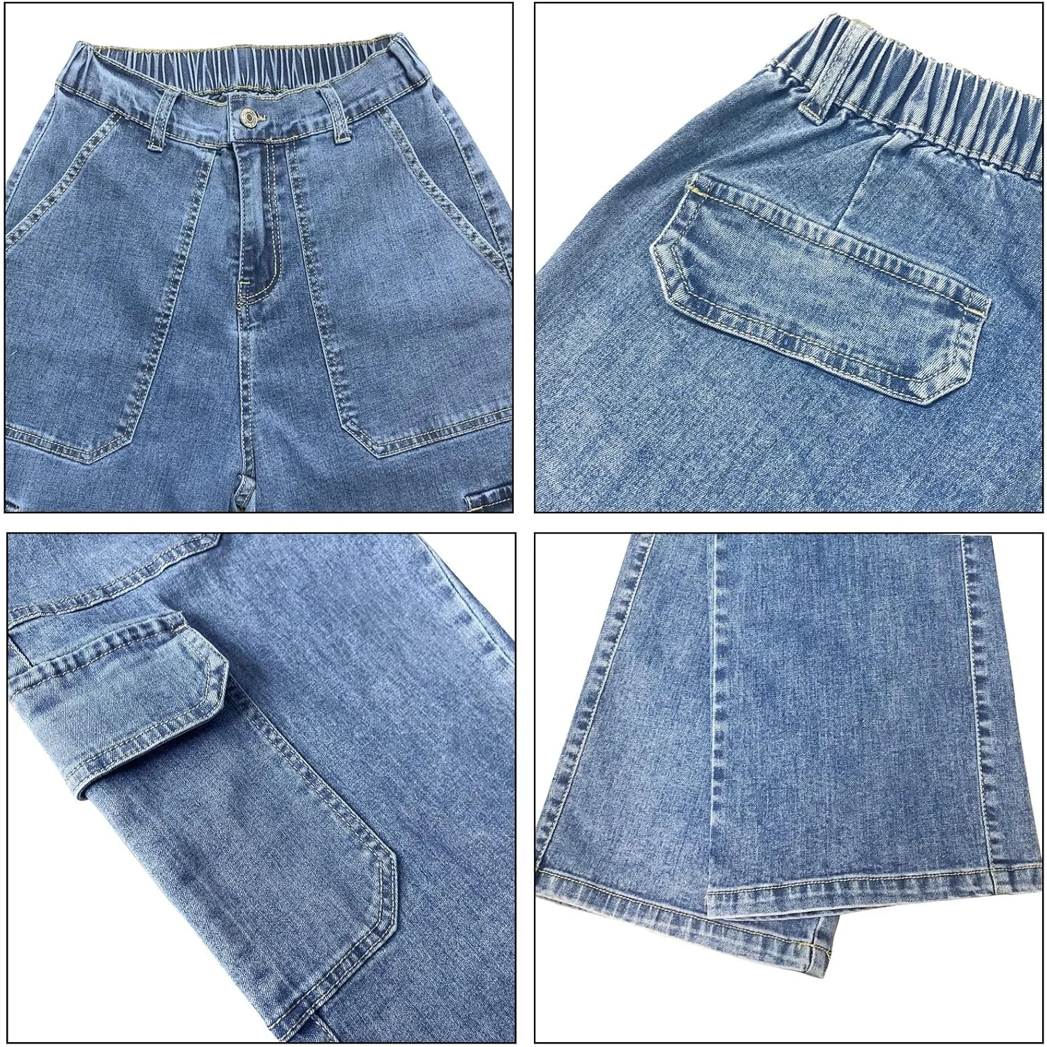Women's High Waisted Cargo Jeans Stretch Wide Leg Denim Pants Trendy