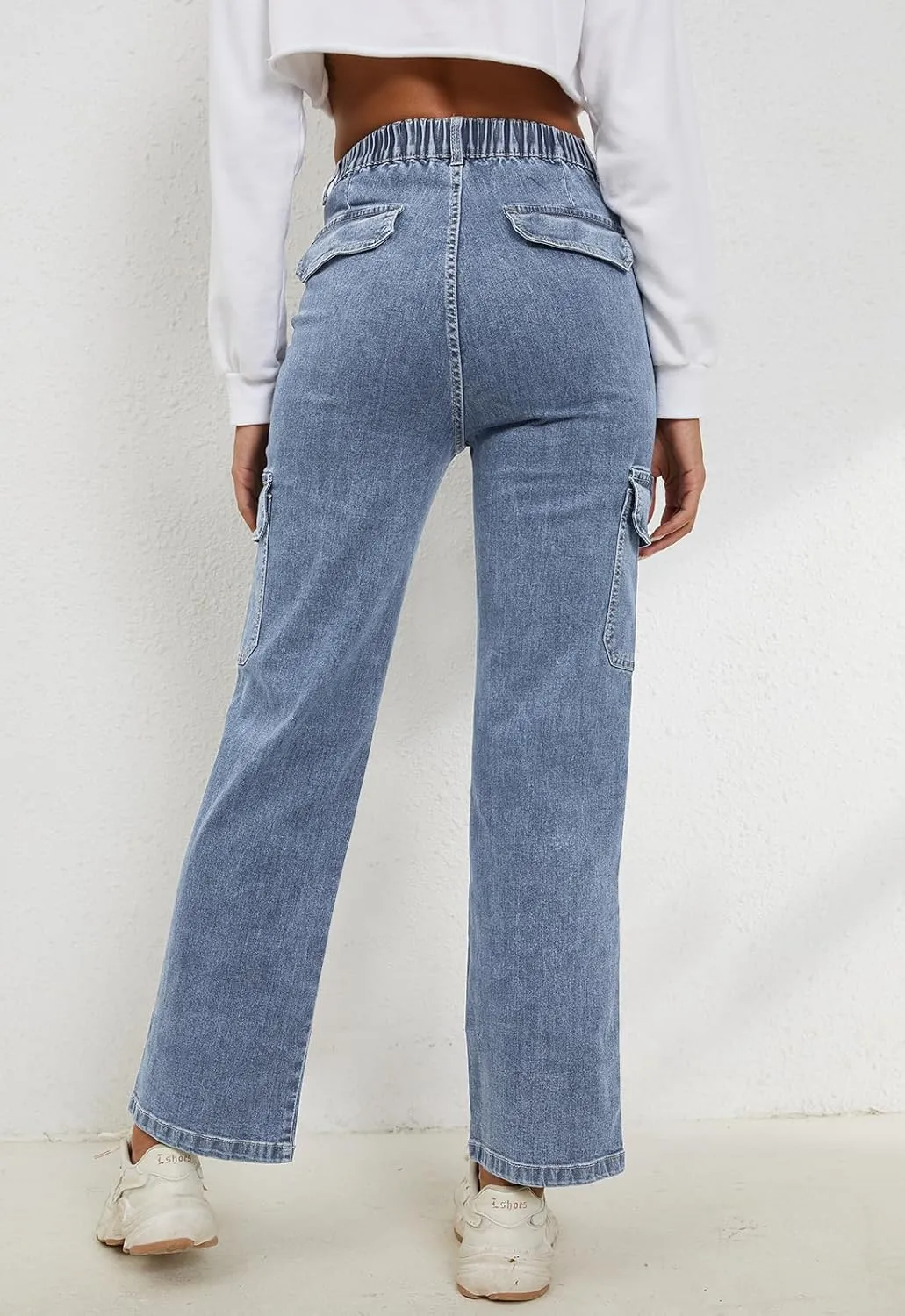 Women's High Waisted Cargo Jeans Stretch Wide Leg Denim Pants Trendy