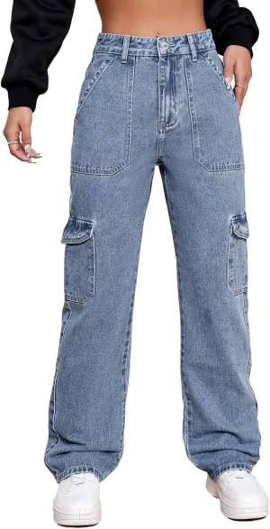 Women's High Waisted Cargo Jeans Stretch Wide Leg Denim Pants Trendy