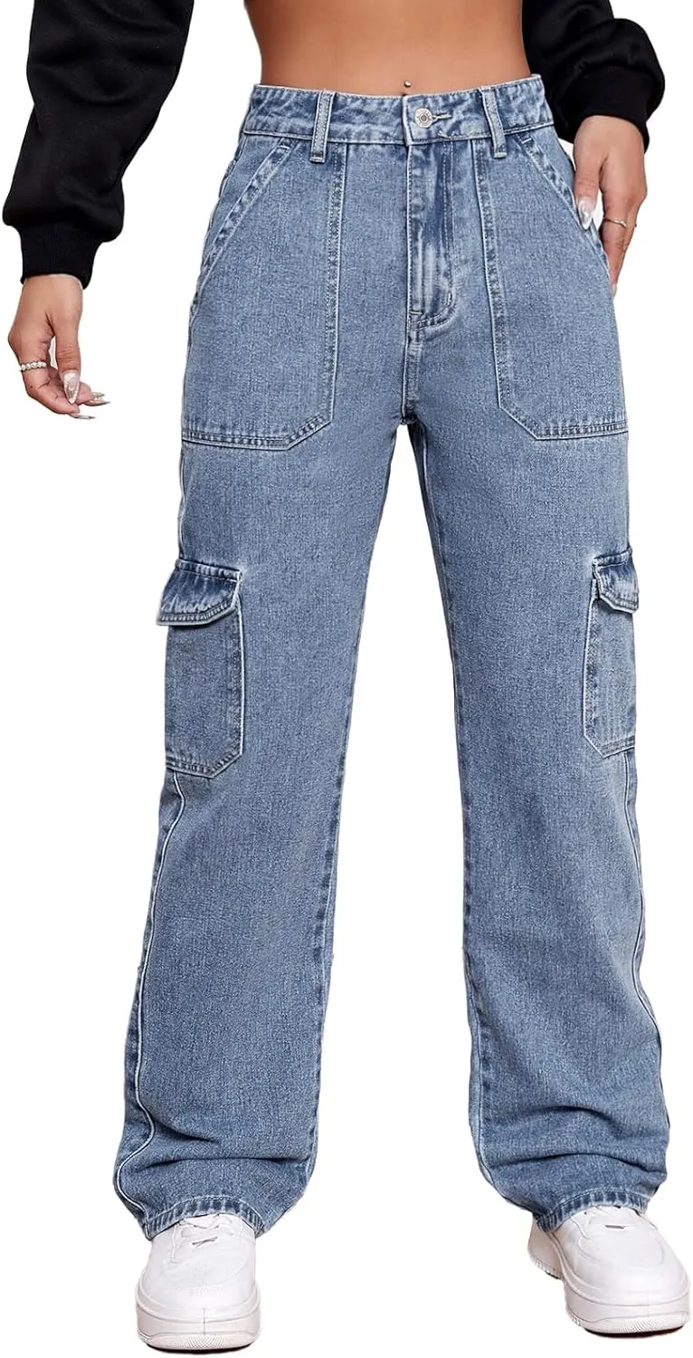 Women's High Waisted Cargo Jeans Stretch Wide Leg Denim Pants Trendy