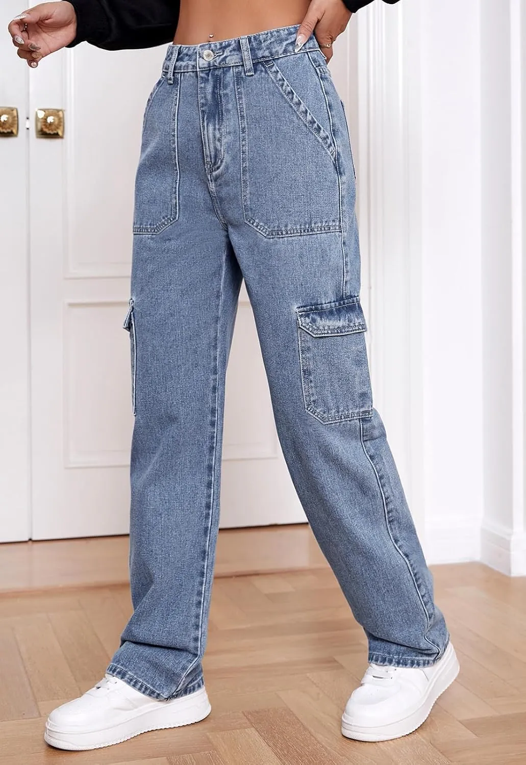 Women's High Waisted Cargo Jeans Stretch Wide Leg Denim Pants Trendy