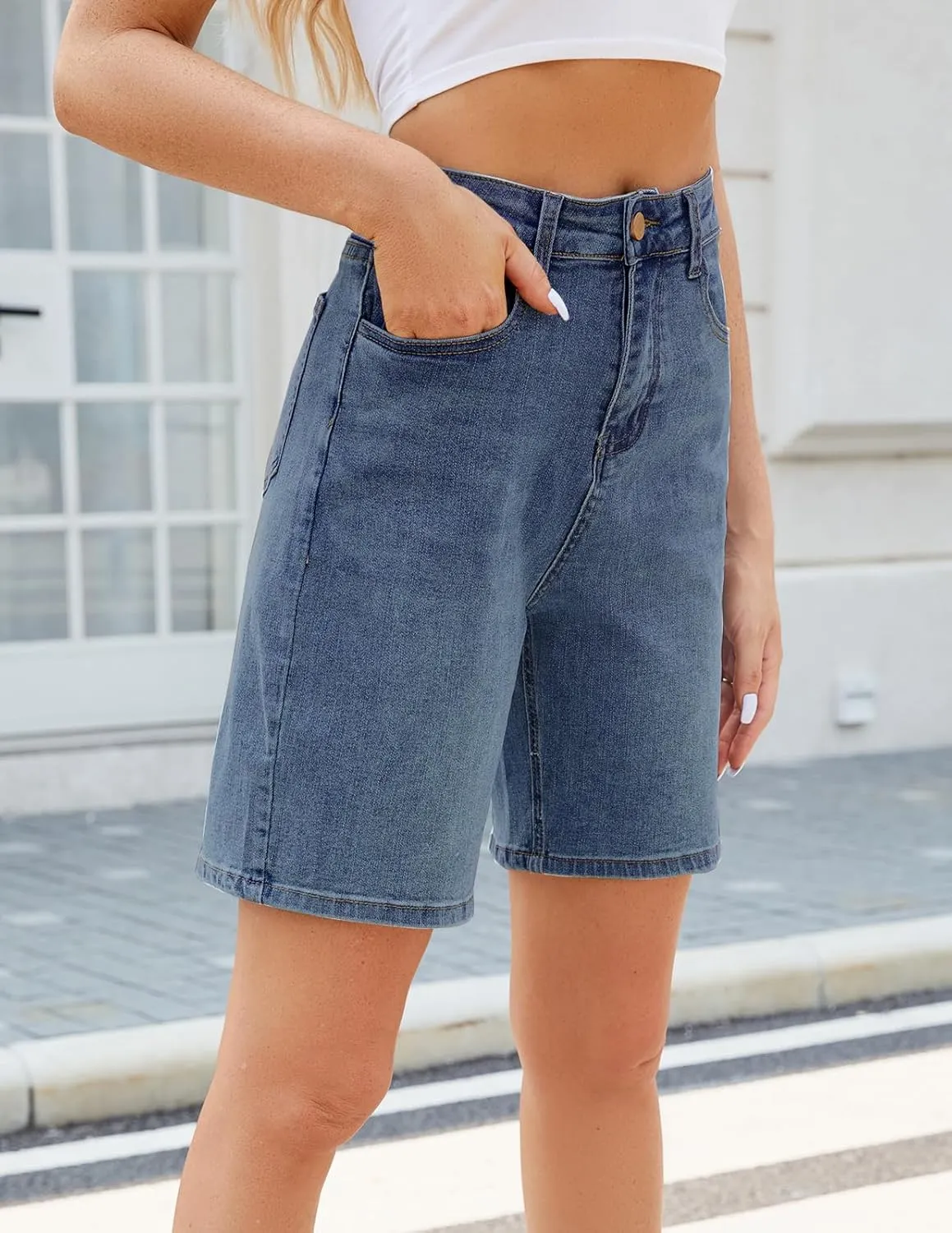Women's High Waisted Stretchy Bermuda Denim Shorts - Trendy Casual Loose Fit