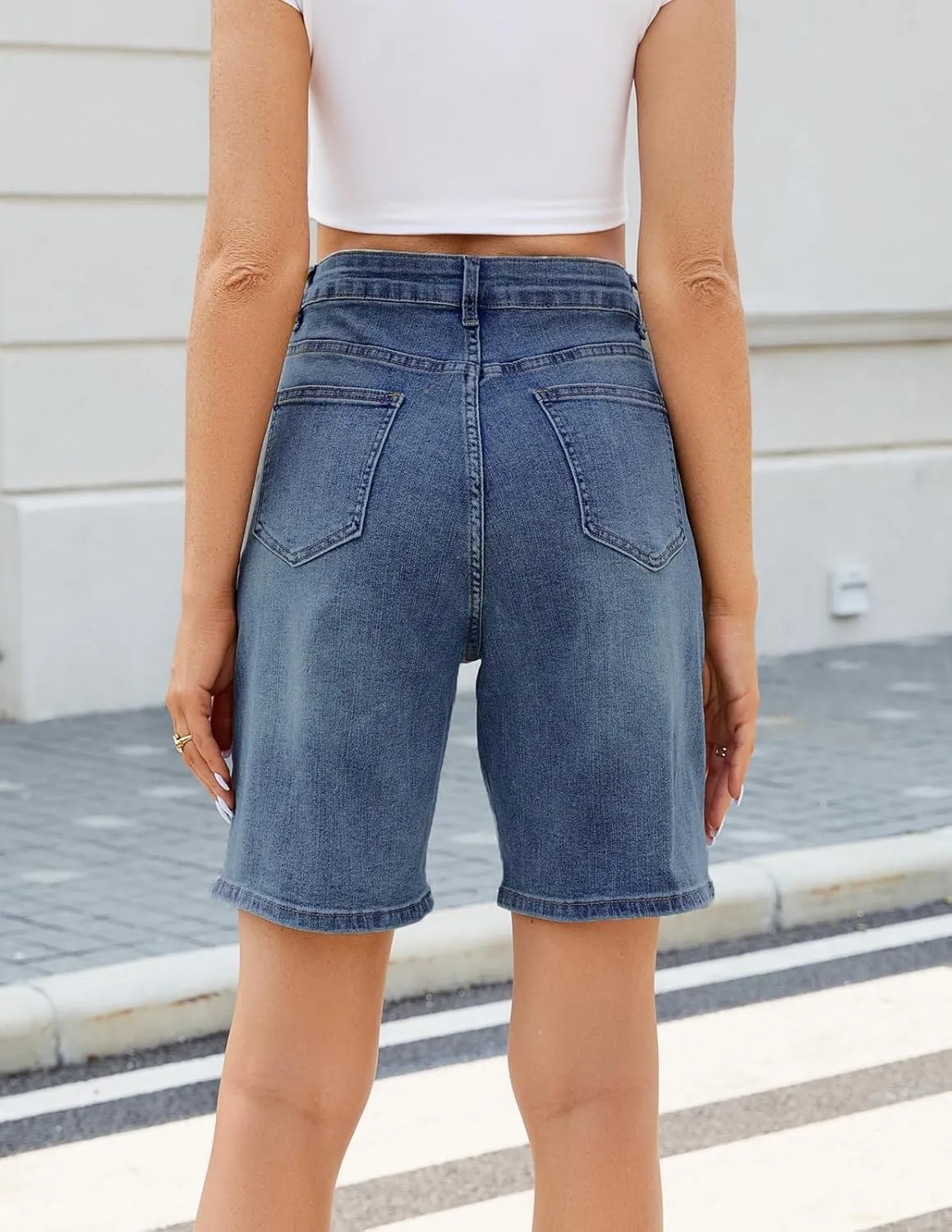 Women's High Waisted Stretchy Bermuda Denim Shorts - Trendy Casual Loose Fit