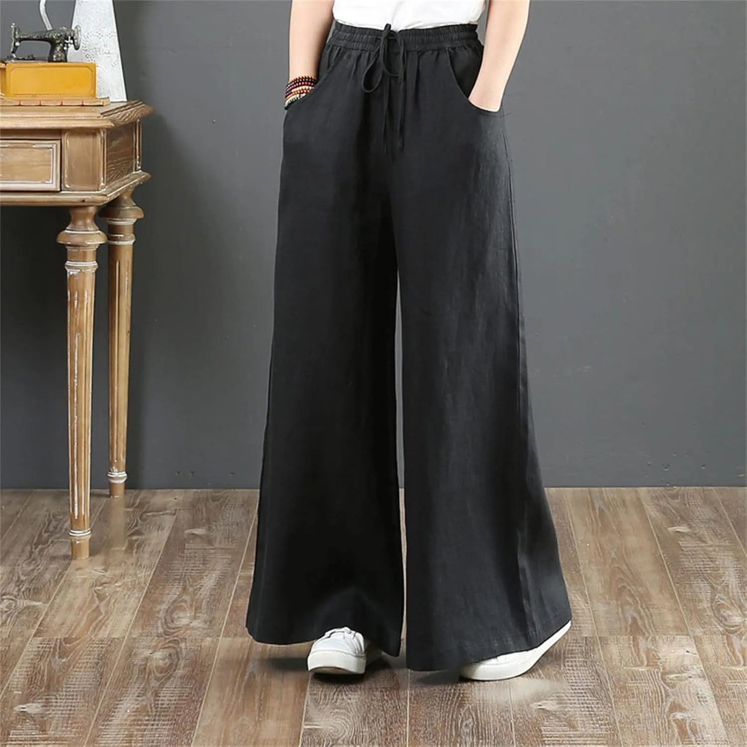 Women's Linen Summer Breathable Pant Trousers Elastic Waisted Wide Leg Slim-Fit Pants Business Work