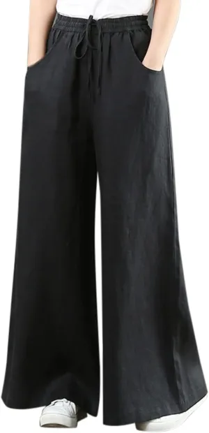 Women's Linen Summer Breathable Pant Trousers Elastic Waisted Wide Leg Slim-Fit Pants Business Work