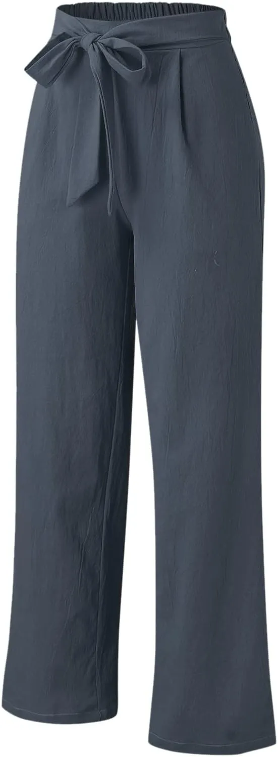 Womens Linen Summer Trendy Pants High Waist Straight Slim Fit Pants Beach
