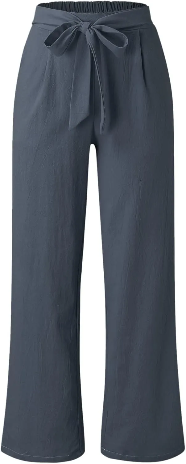 Womens Linen Summer Trendy Pants High Waist Straight Slim Fit Pants Beach
