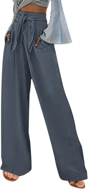 Womens Linen Summer Trendy Pants High Waist Straight Slim Fit Pants Beach
