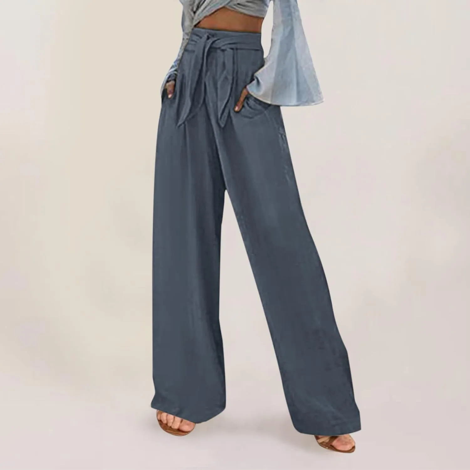 Womens Linen Summer Trendy Pants High Waist Straight Slim Fit Pants Beach