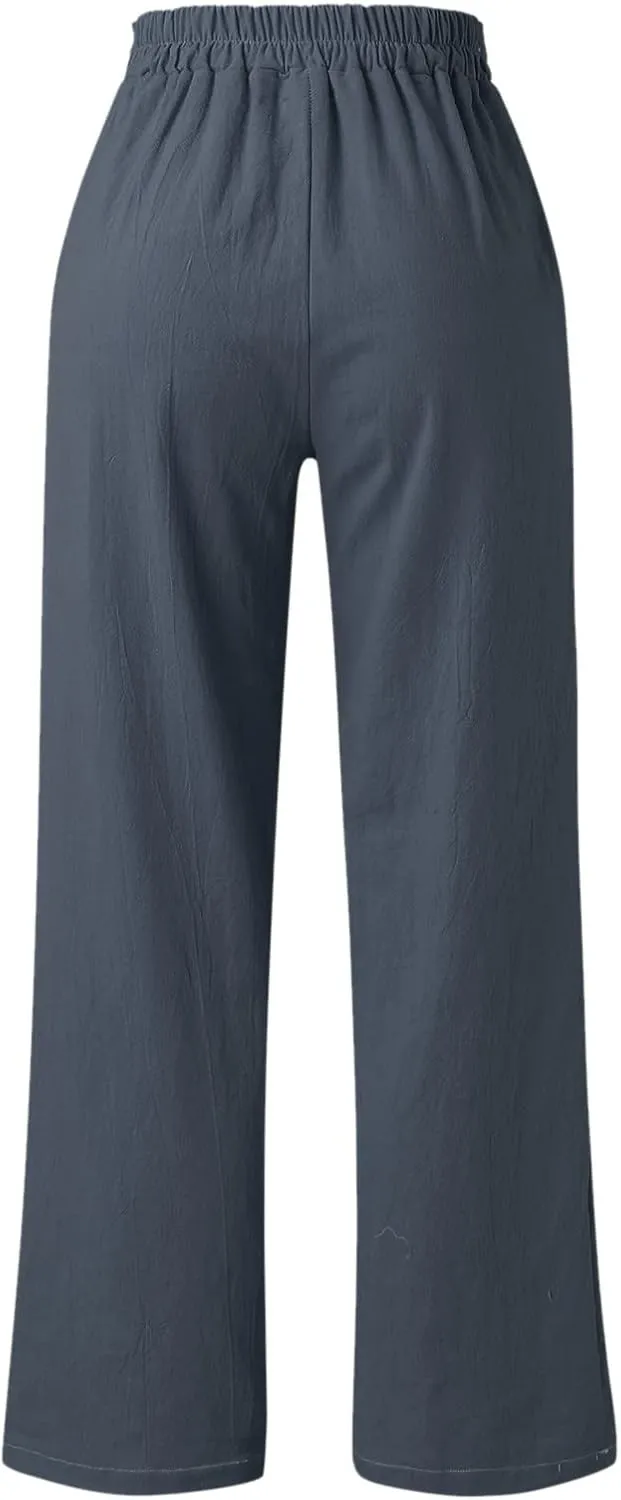 Womens Linen Summer Trendy Pants High Waist Straight Slim Fit Pants Beach
