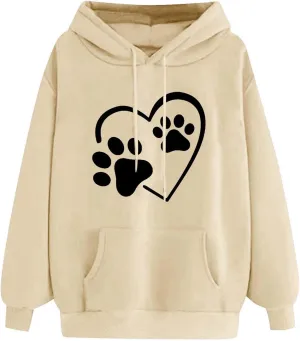 Womens Long Sleeve Loose Fit Hooded Sweatshirts Cute Heart Print Pullover Drawstraing Casual Fall Fashion Hoodies