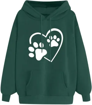 Womens Long Sleeve Loose Fit Hooded Sweatshirts Cute Heart Print Pullover Drawstraing Casual Fall Fashion Hoodies
