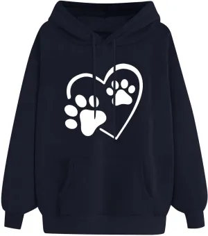Womens Long Sleeve Loose Fit Hooded Sweatshirts Cute Heart Print Pullover Drawstraing Casual Fall Fashion Hoodies