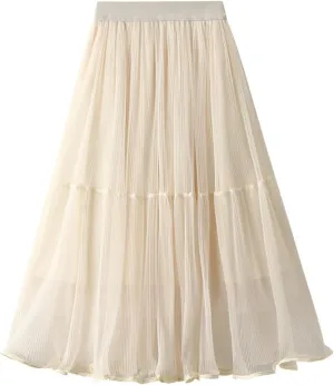 Women's Mesh Tulle Fairy Skirt Elegant Trendy High Waisted A Line Pleated Layered Midi Skirt