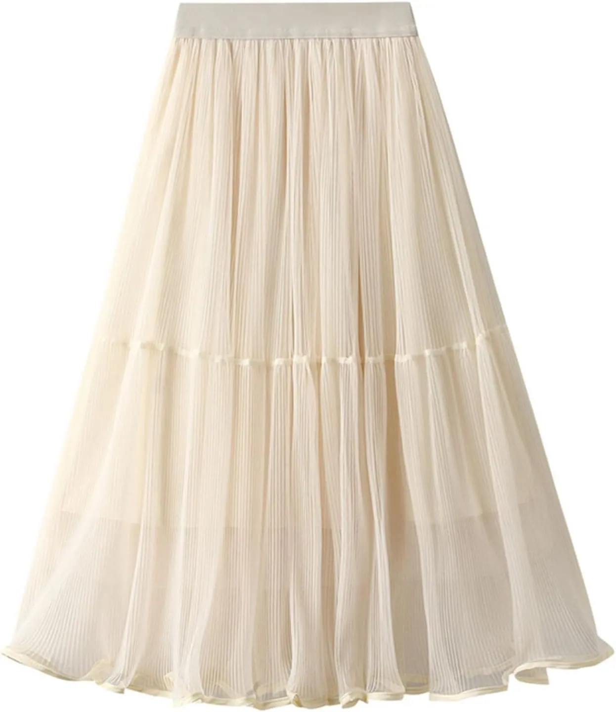 Women's Mesh Tulle Fairy Skirt Elegant Trendy High Waisted A Line Pleated Layered Midi Skirt