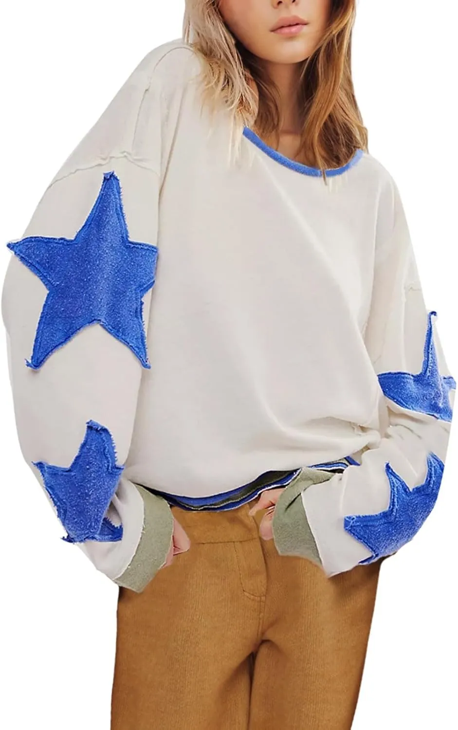 Womens Oversized Star Hoodies Long Sleeve Casual Shirts Drop Shoulder Vintage Graphic Pullover Sweatshirt Y2k Tops