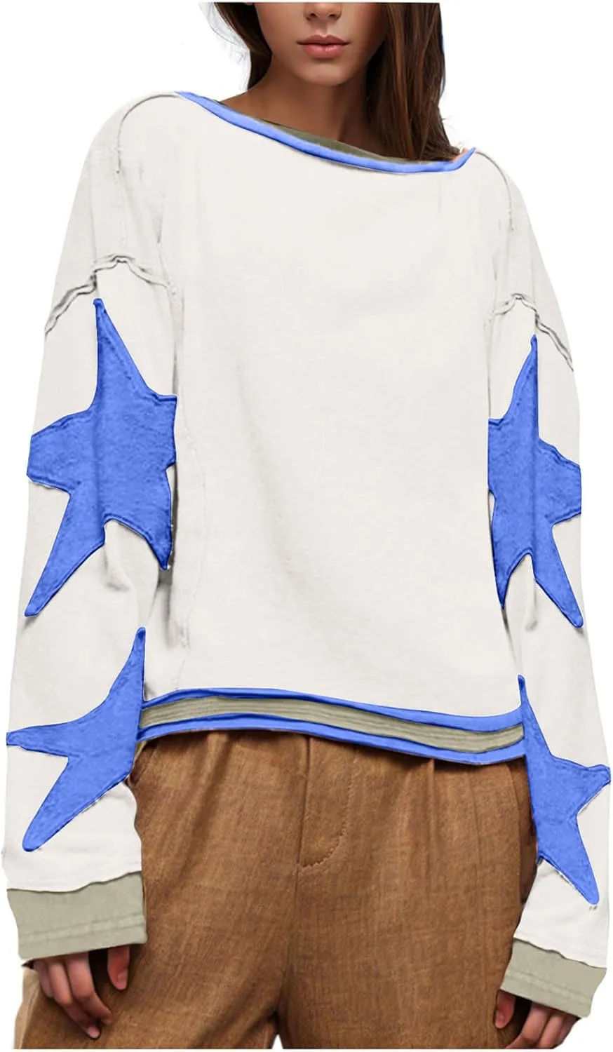 Womens Oversized Star Hoodies Long Sleeve Casual Shirts Drop Shoulder Vintage Graphic Pullover Sweatshirt Y2k Tops
