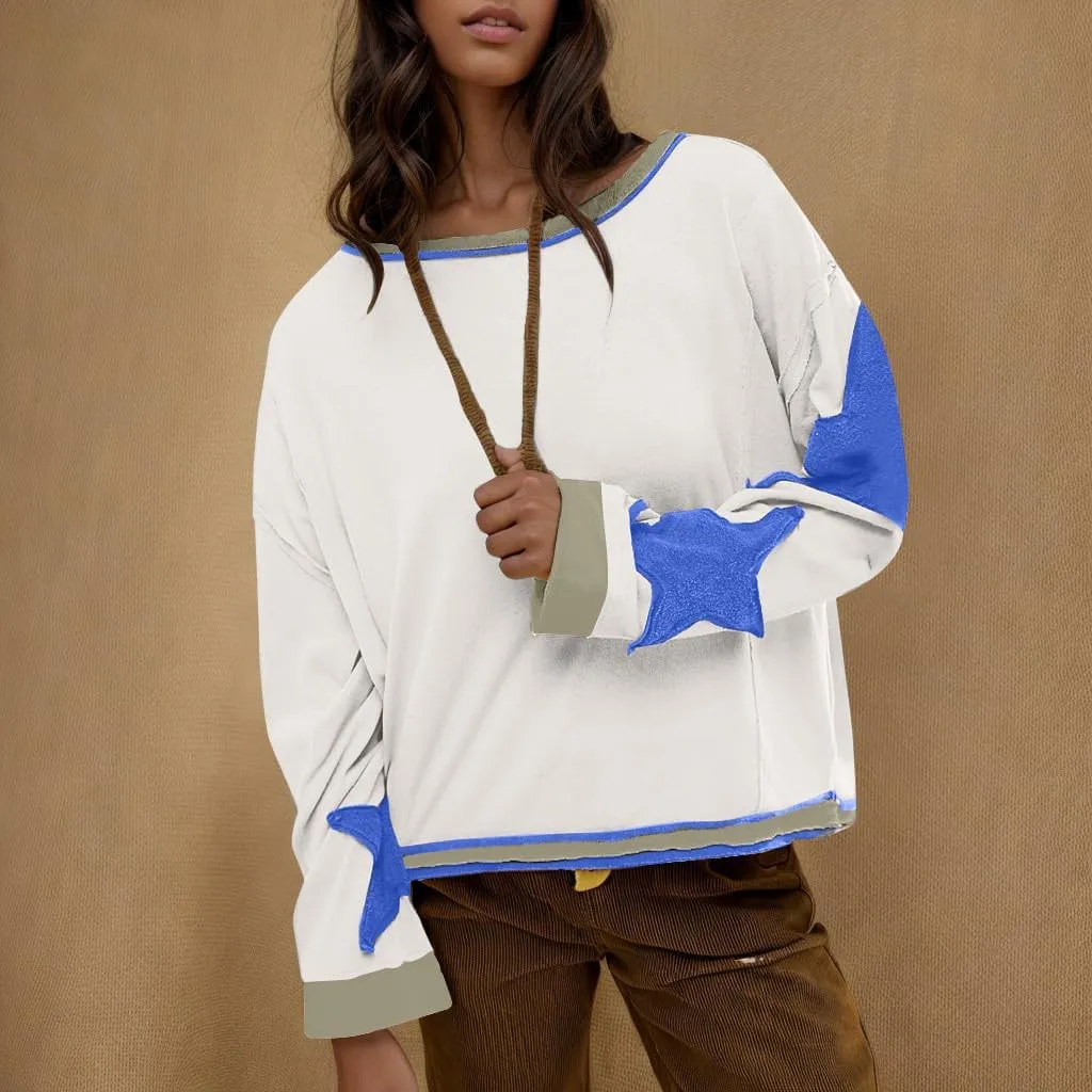 Womens Oversized Star Hoodies Long Sleeve Casual Shirts Drop Shoulder Vintage Graphic Pullover Sweatshirt Y2k Tops