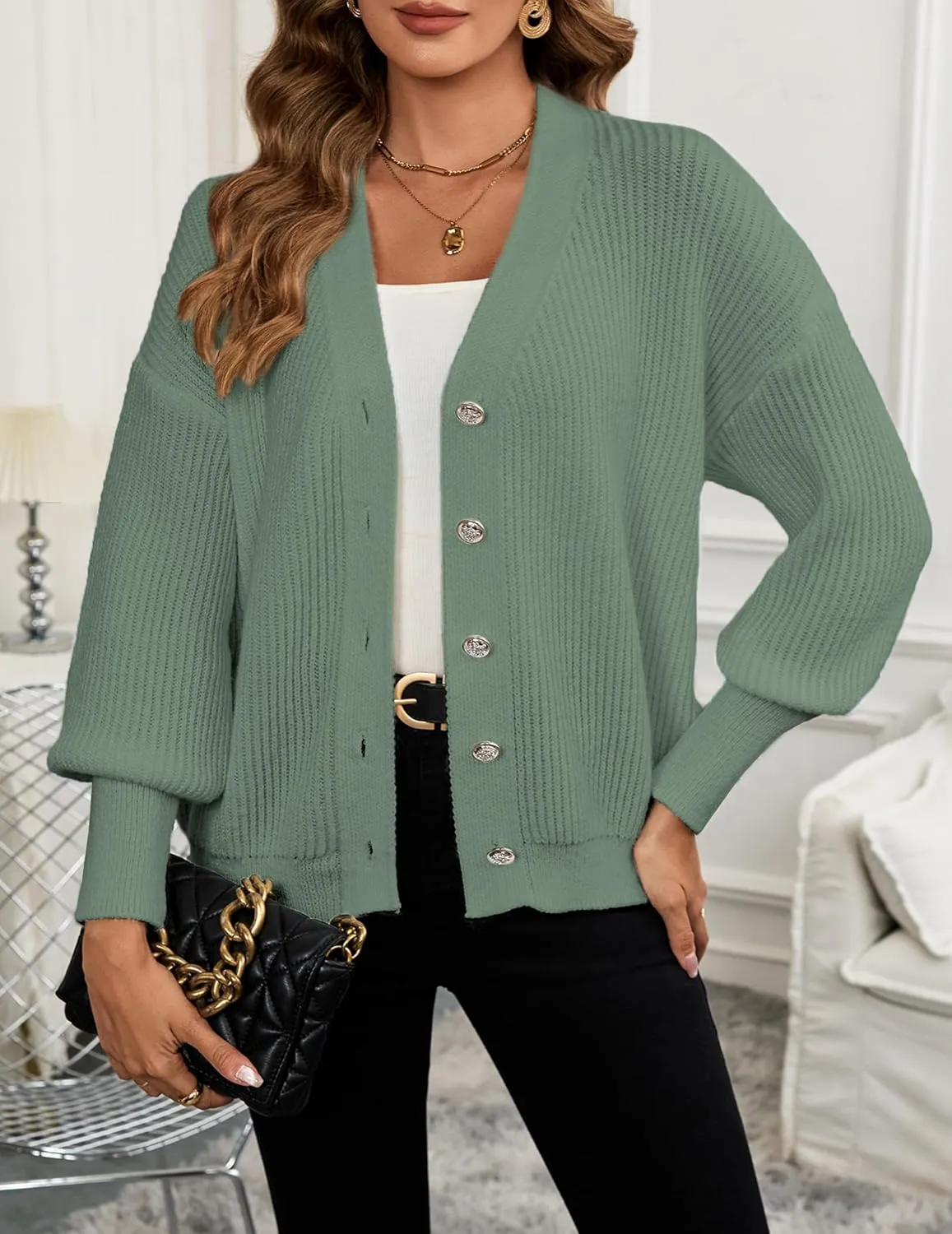 Women's Oversized V Neck Button Cardigan Fall 2024 Ladies Dressy Casual Chunky Ribbed Knit Sweater Cardigans