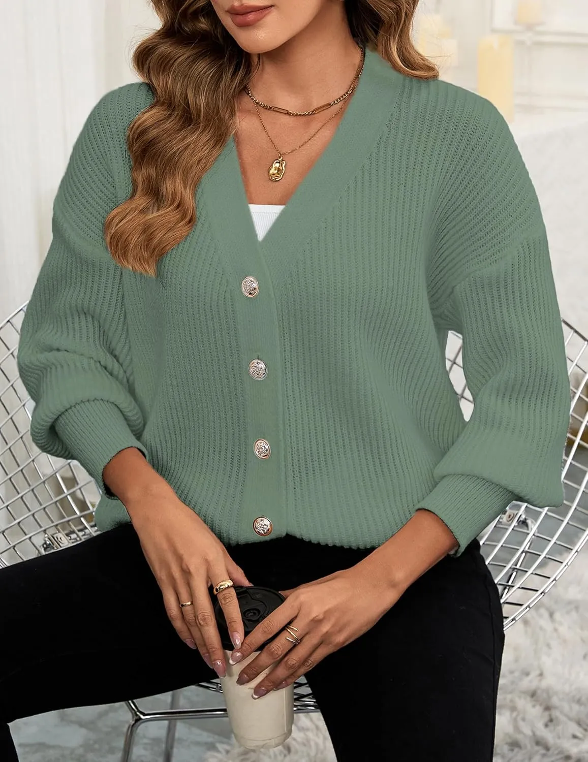 Women's Oversized V Neck Button Cardigan Fall 2024 Ladies Dressy Casual Chunky Ribbed Knit Sweater Cardigans