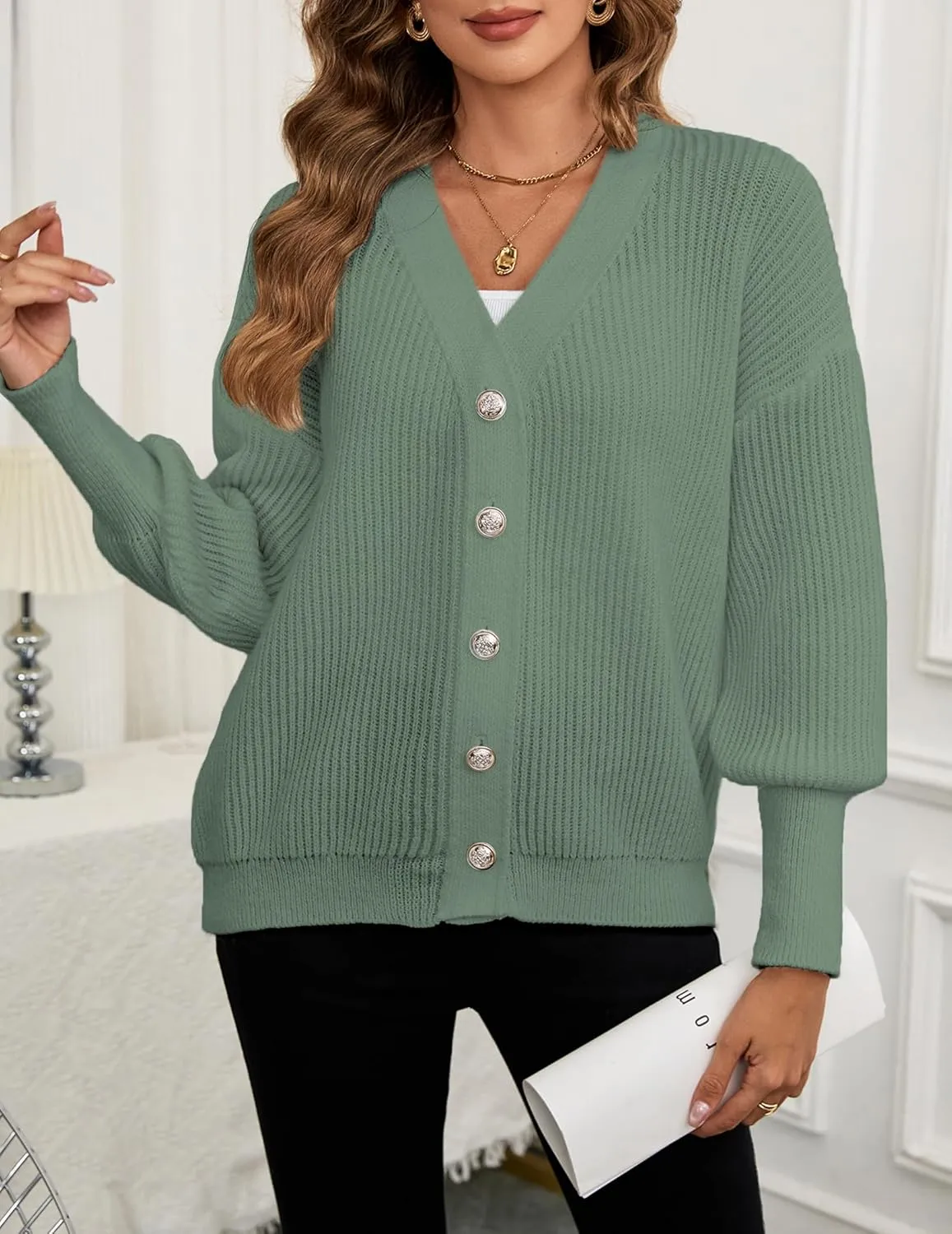 Women's Oversized V Neck Button Cardigan Fall 2024 Ladies Dressy Casual Chunky Ribbed Knit Sweater Cardigans